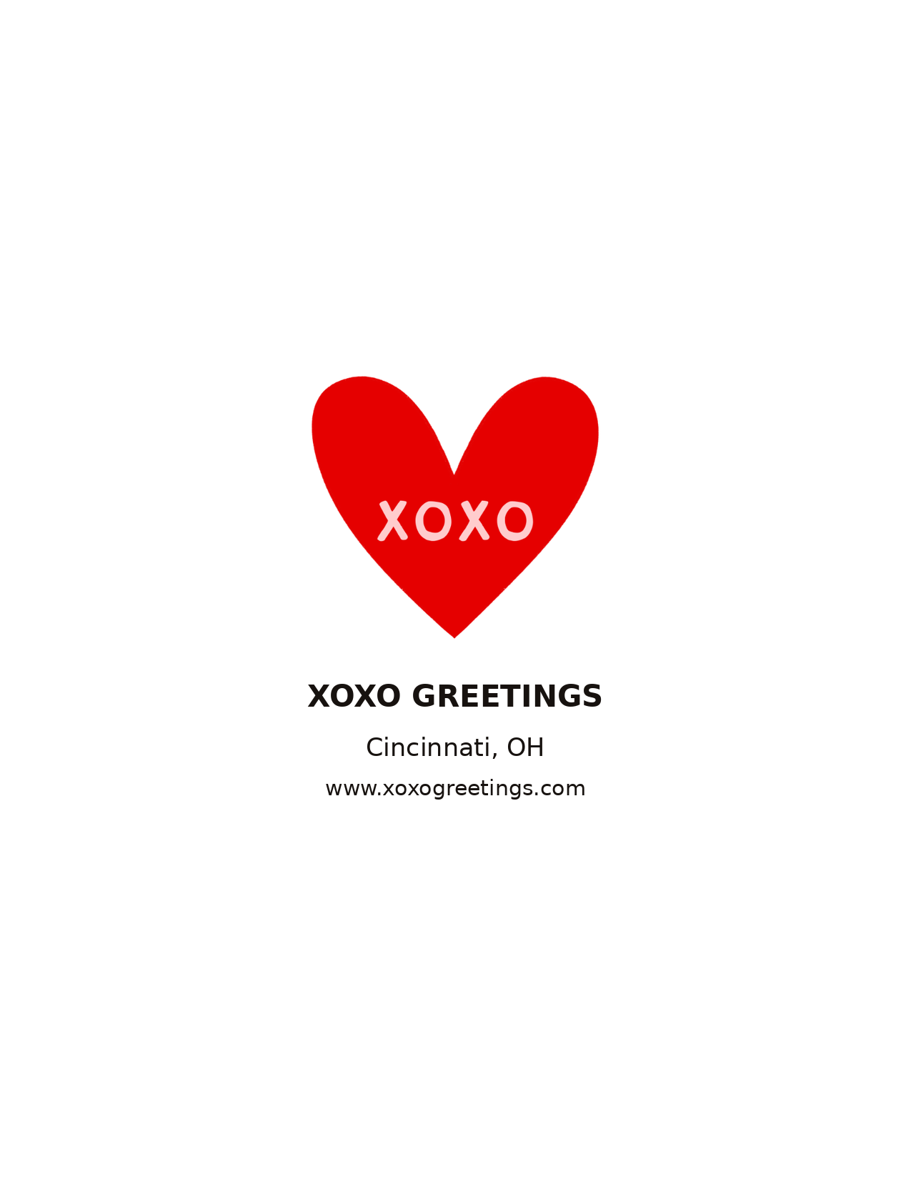 Back of card with XOXO Greetings logo, Cincinnati, Ohio and website